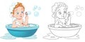 Coloring page with little baby taking bath